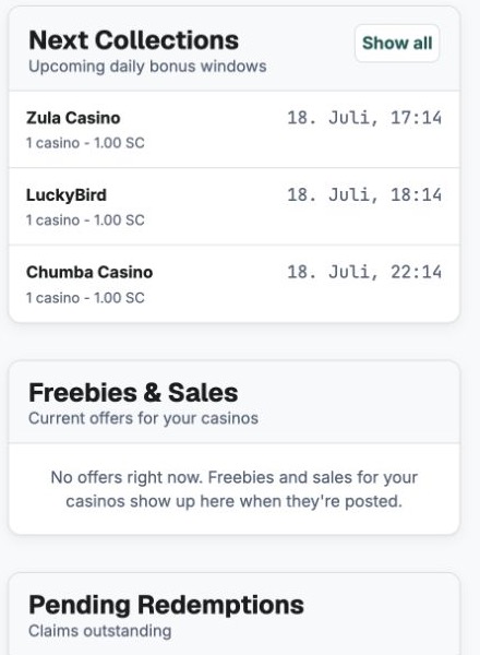 Clipped Dashboard utility rail showing Next Collections, Freebies and Sales, and Pending Redemptions.