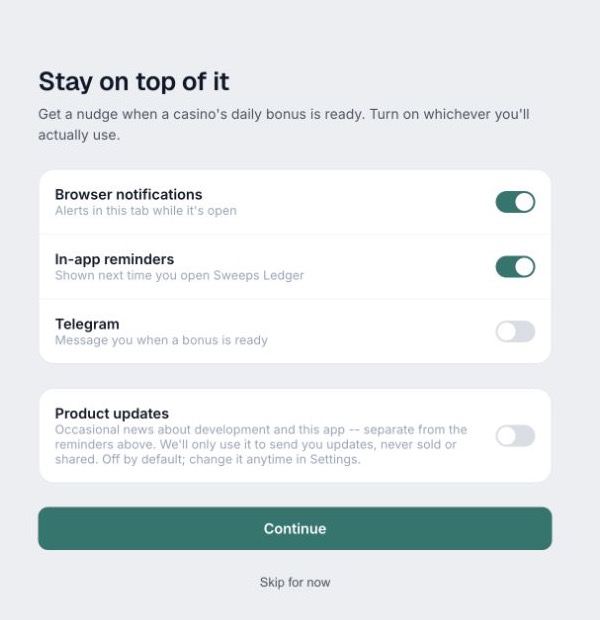 Final onboarding step showing browser, in-app, Telegram, and product-update switches.